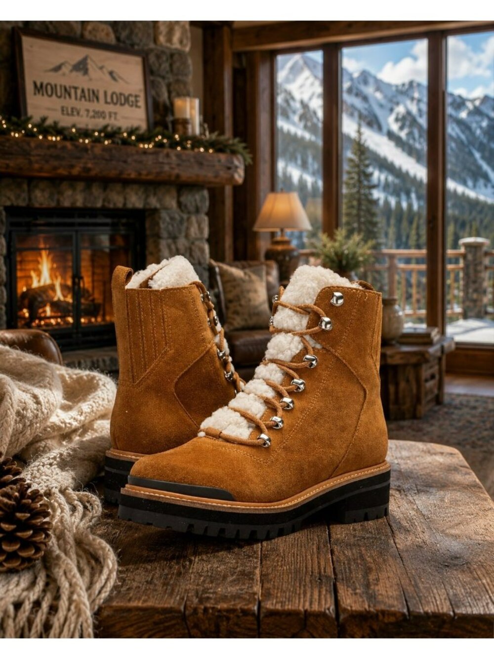 Marc Fisher Lizzie Suede Shearling Lace Hiking Boots Women’s 6M Tan